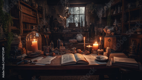 A wizard's room with books on the table. Interior of the room. AI generated