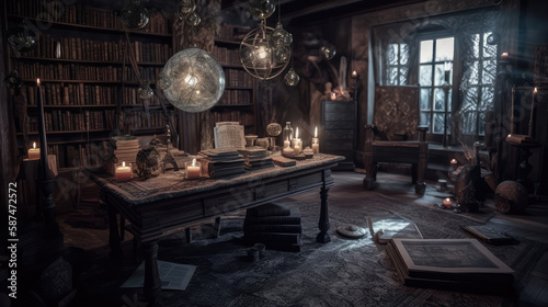 A wizard's room with books on the table. Interior of the room. AI generated ©  AKA-RA