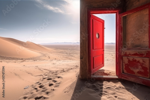 Opened red door in the desert . This is a 3d render illustration