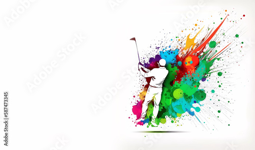 Golf. Golf game. Splash of colors. The man plays golf. Banner. Generative AI