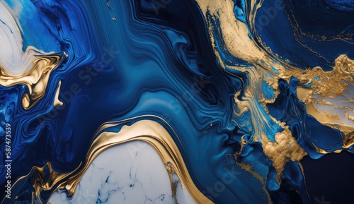 Gold and navy blue marble abstract background, watercolor paint texture