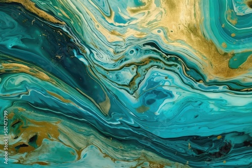 Blue and Gold Fluid Abstract Close-Up. Generative AI