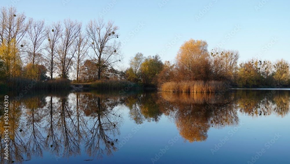 Odbicie jesiennych drzew w tafli jeziora, polska