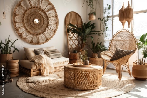 Decoration. Comfy wicker furniture, rattan armchair with cushions, bamboo coffee table, and macrame on white wall in warm living room with ethnic interior design. Generative AI