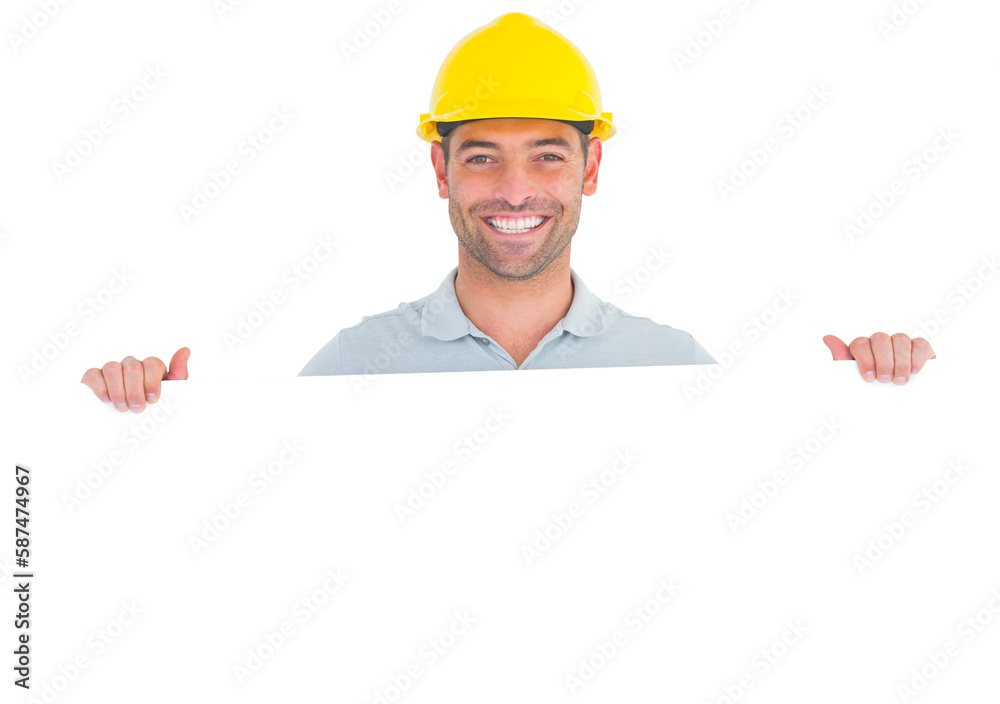 Happy handyman holding placard on white background Happy handyman holding placard on white background