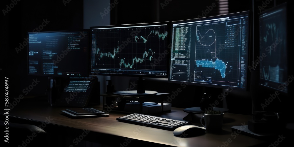 Control center, computers at the workplace. Analytical data. AI generated Control center, computers at the workplace. Analytical data. AI generated