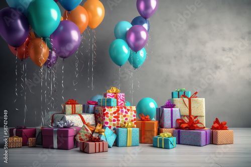birthday party composition with colored balloons and gift boxes - Generative AI
