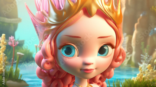 Cute Cartoon Mermaid with pink hair. beautiful blue eyes and long pink hair