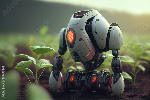 Smart robotic farmers. A smart robot installed in a greenhouse to grow, to care for and help farmers to harvest fruits, a smart farm based on the modern concept of agriculture. © Imaginarium_photos