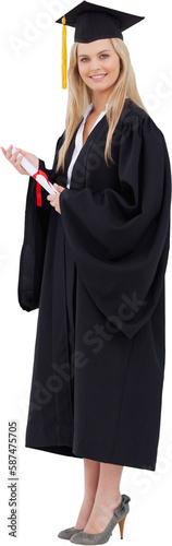 Blonde student in graduate robe holding a diploma