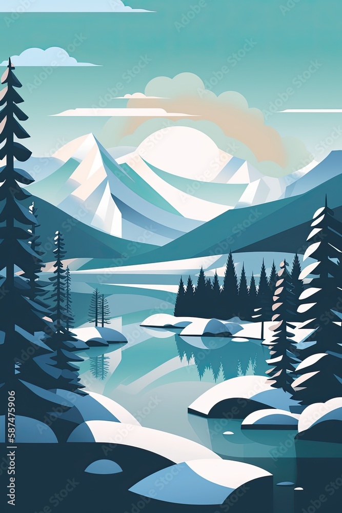 Winter Geometry: Peaceful Mountain Landscape with Crisp Clean Lines and Flat Geometric Shapes. Generative AI.