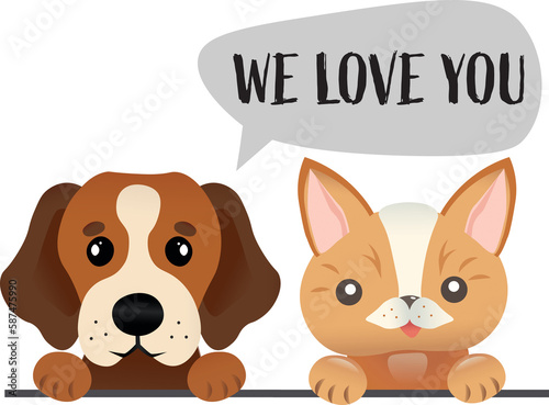 Fototapeta Naklejka Na Ścianę i Meble -  Cute Cat and Dog with I love you text on speech bubble