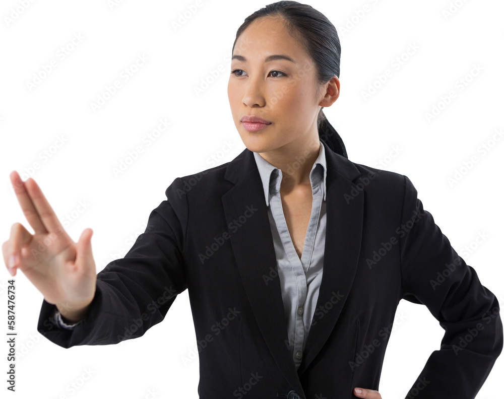 Businesswoman pressing an invisible virtual screen Businesswoman pressing an invisible virtual screen
