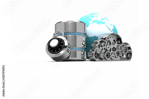 Database server icon with metallic cloud and combination lock
