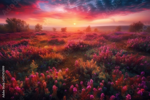 Pink and purple field, fantastical setting, multicolored sky above the meadow of pink flowers. magnificent sunrise serving as, as series of original pictures Nature has color. Generative AI © AkuAku