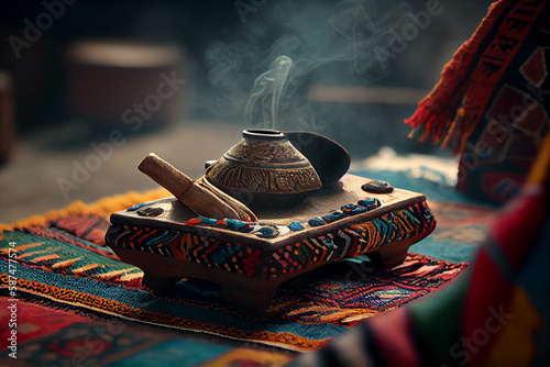 Burning incense with white smoke on Incense burner photo