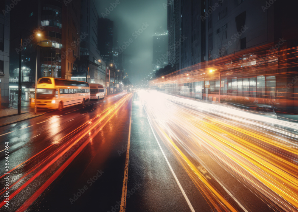 Cars racing through a city street at night