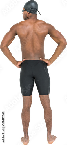 Rear view of swimmer on white background