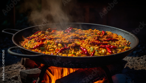 spicy paella cooking over an open flamr