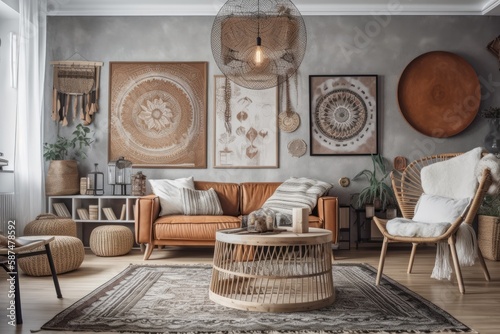 living room, boho scandinavian style, mock up wall, contemporary home interior,. Generative AI