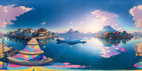 A painting of a lake with houses and mountains in the background © Usman