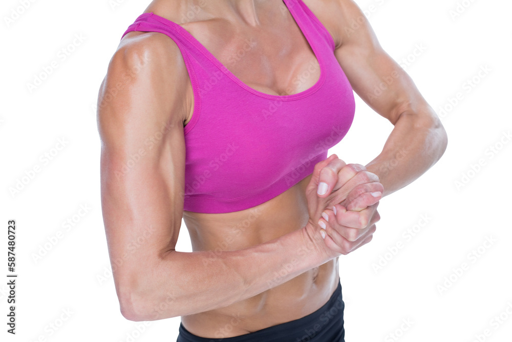 Female bodybuilder flexing mid section