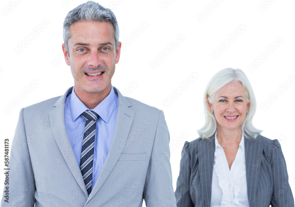 businessman and businesswoman smiling at the camera businessman and businesswoman smiling at the camera