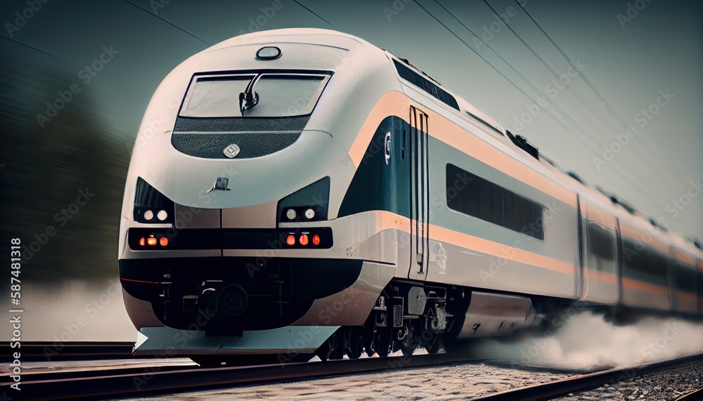 Fototapeta premium High speed train in motion on the railway station at sunset. Fast moving modern passenger train on railway platform.