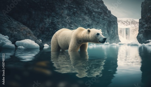 A polar bear walks in the water of the Arctic Ocean. A large white animal in its natural habitat. AI generated