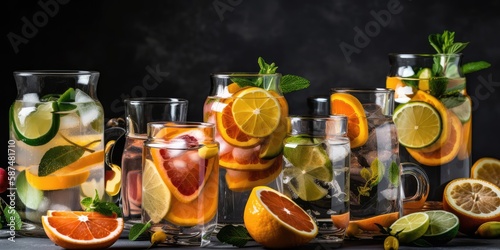 Lemonade in a glass jar with fruit on a dark background. Summer refreshing drinks - lemonade. AI generated