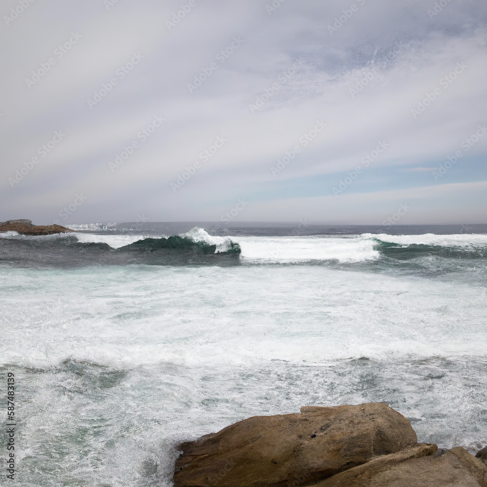 sea ​​on cloudy day with waves and stones