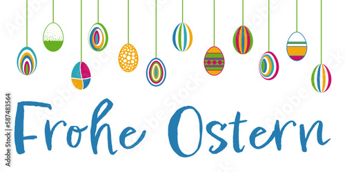 Frohe Ostern, Text in deutsch. Grußkarte mit hängenden bunten Ostereiern.