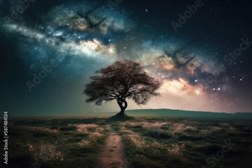 A single tree with beautiful space background. Generative AI