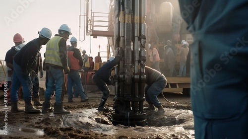 Employees with helmets at the dirty drilling rig in the mud Generative AI