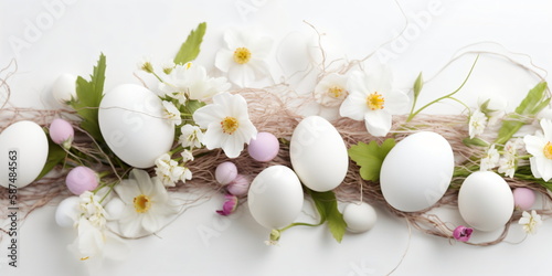 Ostereier und Blumen auf weißem Hintergrund. Frohe Ostern Konzept - erstellt mit AI