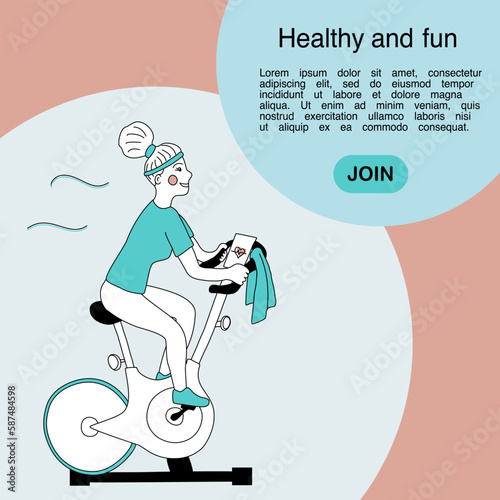 Woman on bicycle doing spinning sport activities or fitness class, doodle vector flayer for gym