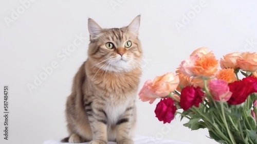 A cute adorable cat holding a bunch of flowers, a mothers day banner.