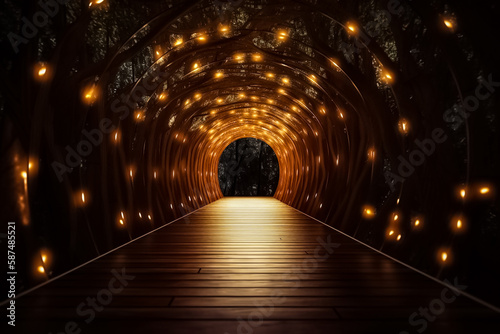 Lighting line hang on curve decor in nature fairy tunnel in christmas night with bokeh among terrace walk way. generative AI