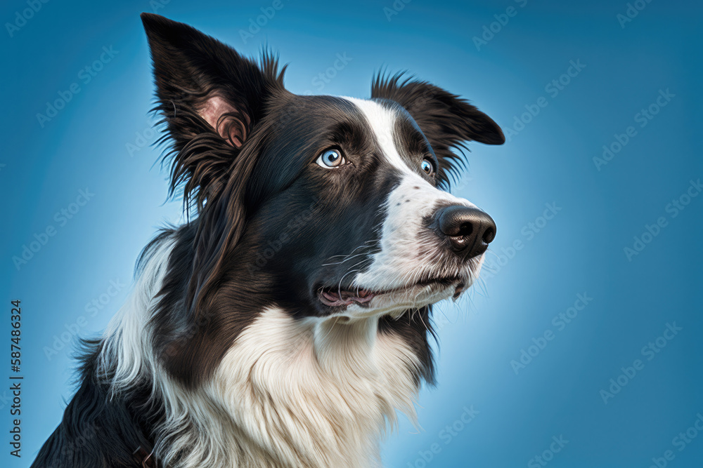 a cute border colli dog isolated on blue background. Generative AI