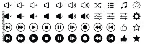 Media player icon. Media player icon transparent background. Play and pause buttons sign and symbol. Contains icon of equalizer, pause, setting, record, favorite, repeat, power. Vector illustration.