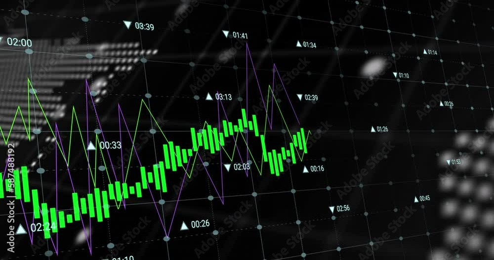 Animation of graphs with changing numbers over computer language, globe and map on black background Animation of graphs with changing numbers over computer language, globe and map on black background