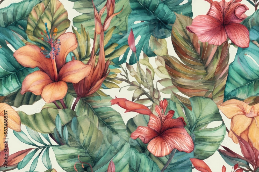 Fototapeta vibrant tropical flowers and leaves in watercolor. Generative AI
