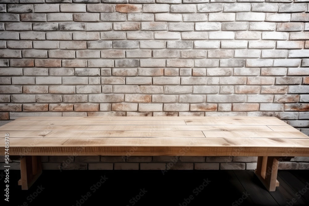 rustic wooden table set against a textured brick wall. Generative AI rustic wooden table set against a textured brick wall. Generative AI