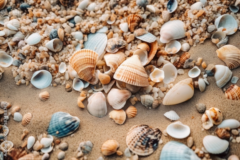 colorful seashells scattered on a sandy beach. Generative AI
