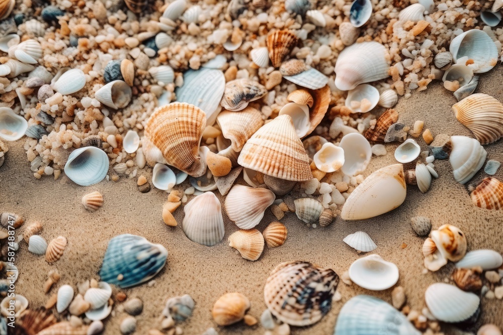 colorful seashells scattered on a sandy beach. Generative AI colorful seashells scattered on a sandy beach. Generative AI