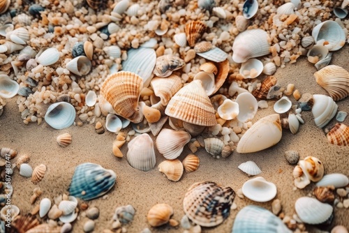colorful seashells scattered on a sandy beach. Generative AI © AkuAku