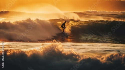 Surfer Riding a Big Wave at Sunset