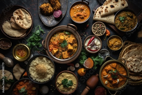 Indian food specialties include samosas, chapati, chutney, paneer, dahl, and tikka masala. Indian cuisine with a dark setting. Indian and Pakistani food selection, top view or flat lay. Generative AI