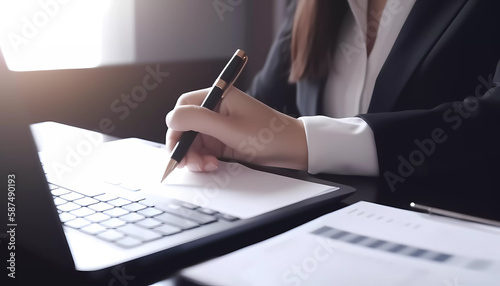 Women working on a laptop and writing on a paper. Generative AI.