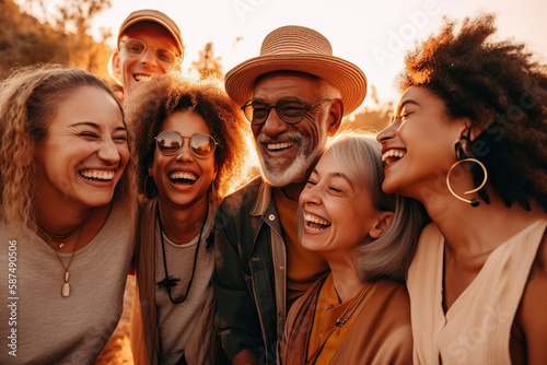 Happy multi-generation group of people with different ages and ethnicities having fun smiling in front of the camera in the park photo